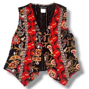 Carole Little Petites Vest Women Size 6 Black Red Floral Metallic Vintage USA